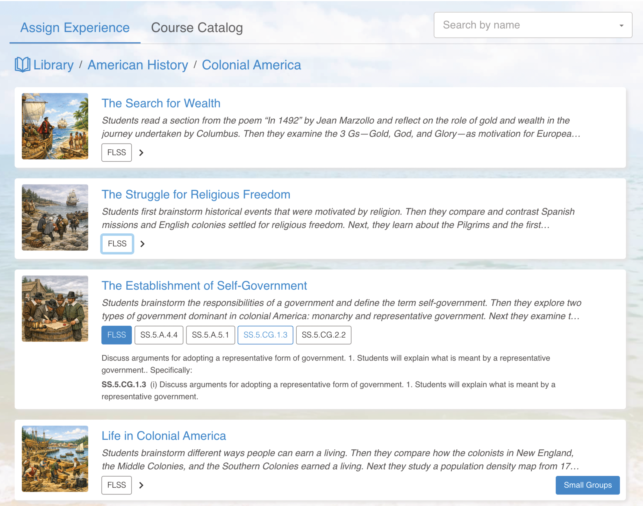 Exploros course catalog showing Florida-aligned social studies lessons