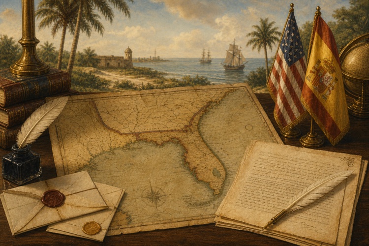 Historical illustration showing a Florida map, treaty papers, and U.S. and Spanish diplomatic symbols