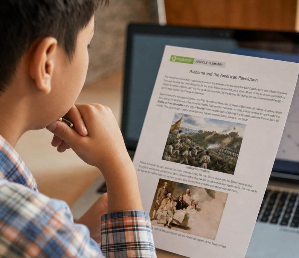Student reading an Exploros article about Florida and the American Revolution